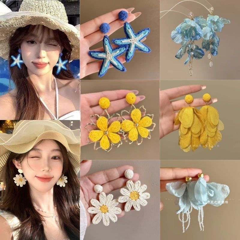 Encounter the Seaside~ Blue Starfish Ear Clips Without Ear Piercings, Vacation Style, Exaggerated Niche Design, Beach Accessories, Earrings