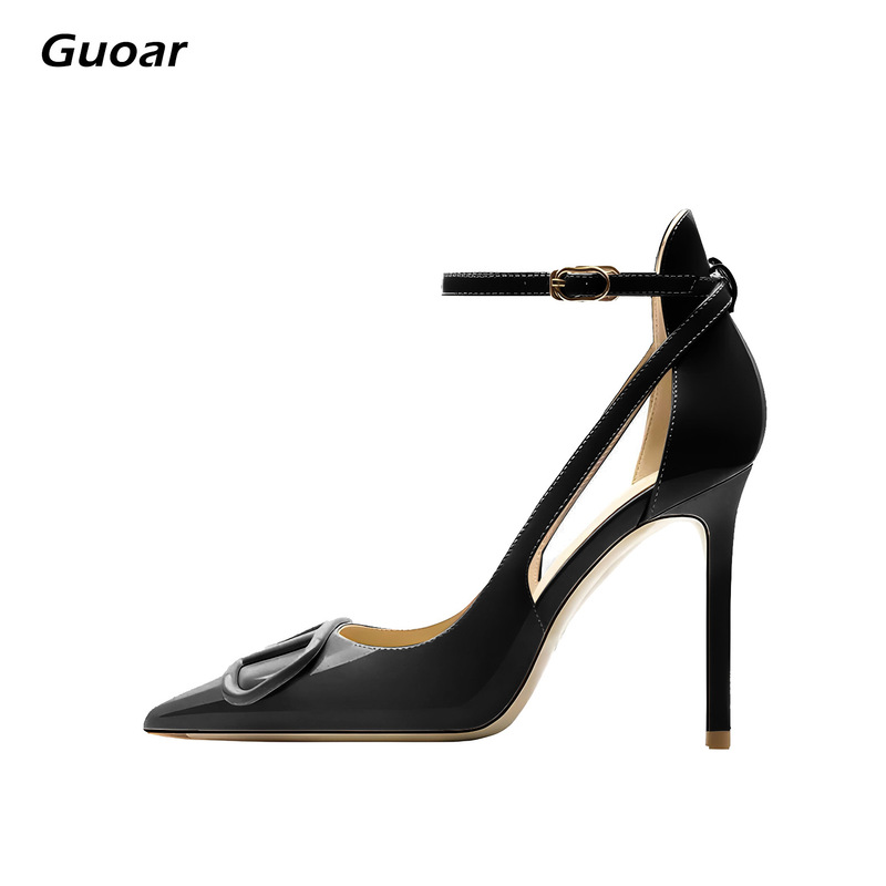 2024 New Style Pointed Toe Shallow Mouth Stiletto Heel Strap V Buckle Patent Leather Large Size 35-44 Women's Shoes