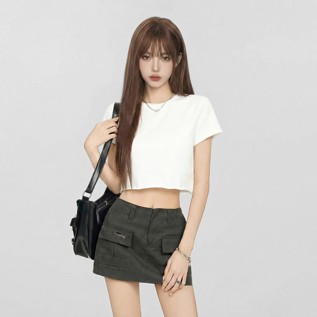 2026 Spring/Summer New Style Rolled Hem Short T-Shirt for Women, Cropped Top with Round Neck, Regular Shoulder, Summer Short Sleeve Slimming Top for Women