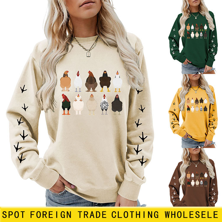 European and American style fun and unique new round neck long sleeve sweatshirt with ten chicken footprints and left and right hand prints, casual and fashionable women's sweatshirt
