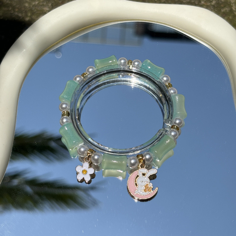 S030-핑크와 옐로우 대나무 진주 달 토끼 팔찌#SZ228용