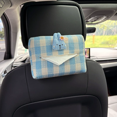 Car Tissue Bag, Car tissue box/set - blue-checkered-rabbit-head-plaid-tissue-draw-blue