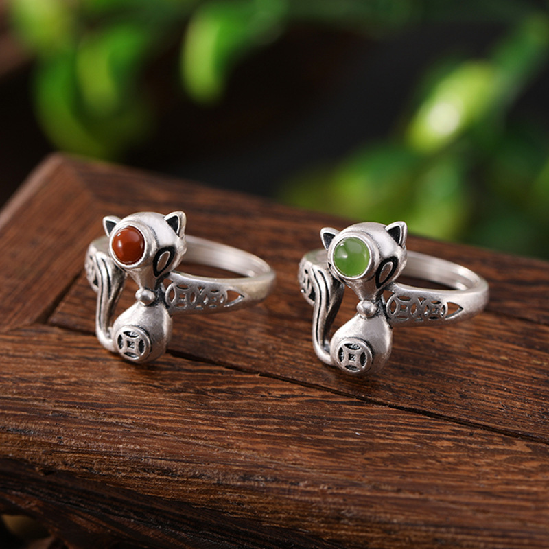 Nhẫn bạc S925 hình nai nhỏ đính đá mã não đỏ phong cách cá tính — Kiểu jasper