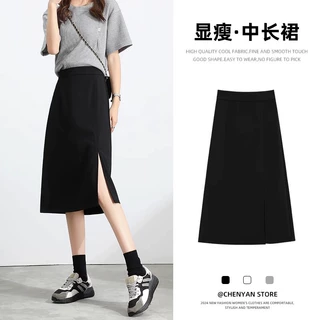 黑色西装半身裙女春夏季2024新款高腰显瘦a字开叉中长款包臀裙子