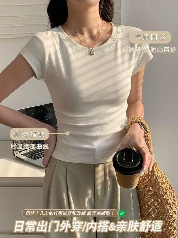 Round-neck white short-sleeve t-shirt for women, new summer style, slim-fit design, trendy waist-cinching top with straight shoulders, ins-style