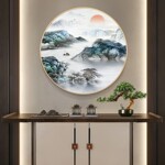 新中式入户玄关装饰画流水生财茶室餐厅挂画圆形水墨山水画壁画