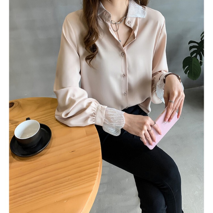 Plus-Size Women's New 2026 Spring and Autumn Lace Patchwork Chiffon Shirt, Long-Sleeve Loose Base Shirt