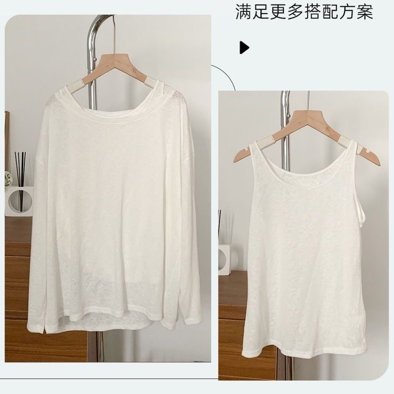 日焼け止め服、ゆったりとしたリラックス感、薄手のノースリーブベスト、長袖Tシャツ、女性用ツーピースセット、夏デザイン、日焼け止めネット|undefined