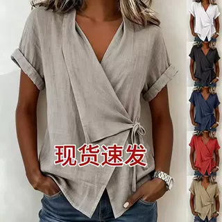 2026春夏跨境欧美亚马逊新款休闲纯色翻领系带不规则宽松短袖T恤