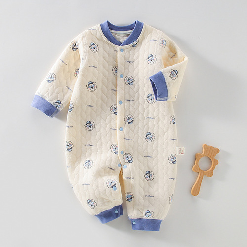 Baby Warm-Up Suit, One-Piece, Pure Cotton, Newborn Spring and Autumn Clothes, Baby Autumn and Winter Clothes, Three-Layer, Thin Fleece, Thick Hairy Suit