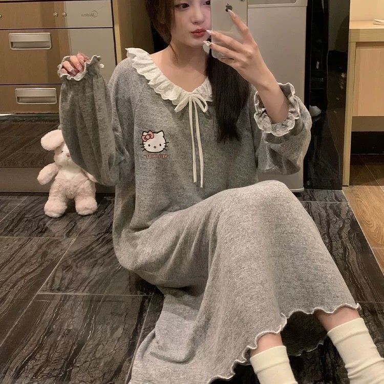 Cute cartoon lace solid color nightgown for women, autumn and winter long-sleeve thermal pajamas, 2026 new home wear Cute cartoon lace solid color nightgown for women, autumn and winter long-sleeve thermal pajamas, 2026 new home wear