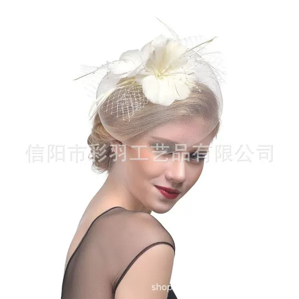 New vintage feather headpiece, imitation linen solid color horse racing club hat, mesh party hair accessory, duckbill clip headband