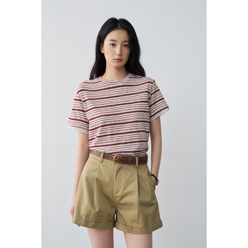 Neihe 2026 Summer Linen Embroidered Lace Cuffs Slimming Straight Shoulder Short-Sleeved T-Shirt for Women 258595