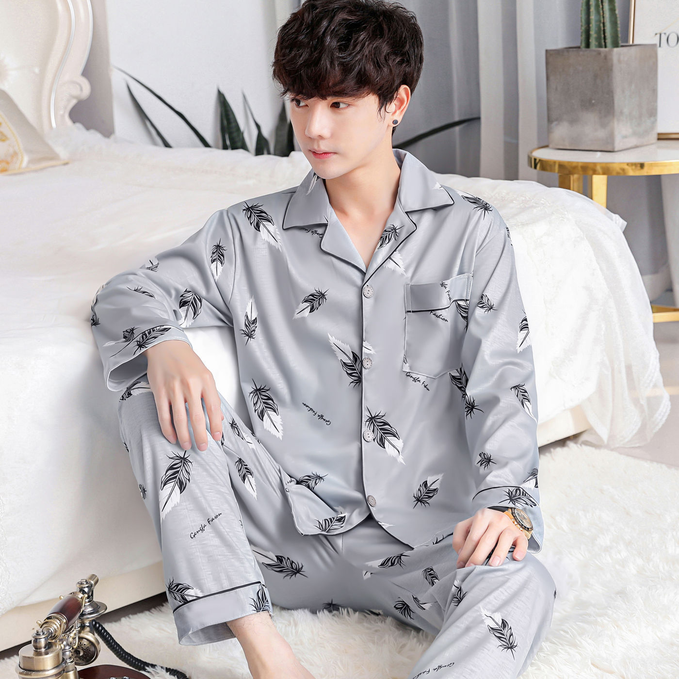 Pijamas de hombre Pijamas de primavera y otoño pantalones de algodón de manga larga de los hombres cardigan verde de mediana edad ropa de hogar traje de invierno para los ancianos