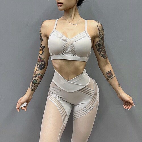 Suit! European and American cross-border mesh bra for women's fitness yoga high-waisted lace splicing tight trousers with a nude feel and breathability