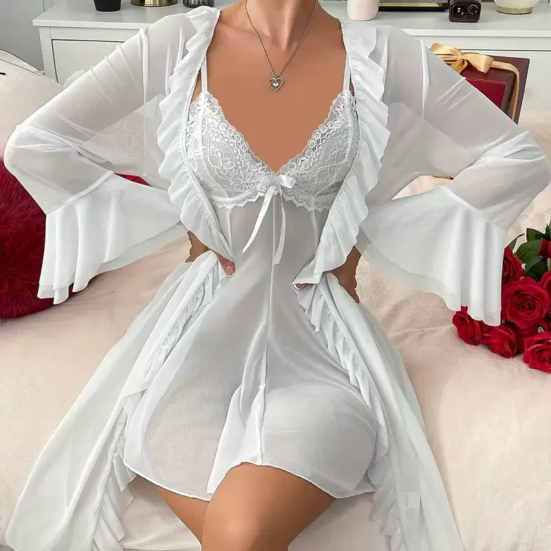 欧美外贸情趣内衣货源网纱透视袍子外套新娘晨袍吊带性感睡裙套装