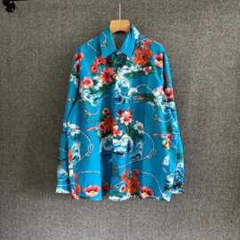 南油高版本GU家  早秋新款海浪花朵图案丝质潮流百搭翻领长袖衬衣