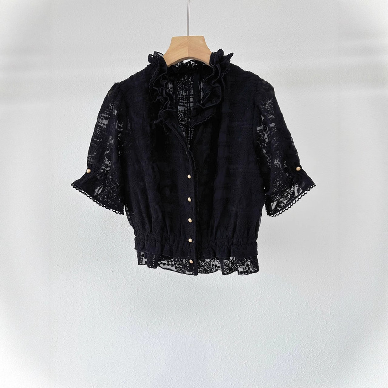 Korean Style Mi*Ne Lace Printed Cotton with Wood Edges, Korean Style Fashionable and Elegant Small V Neck Short Sleeves