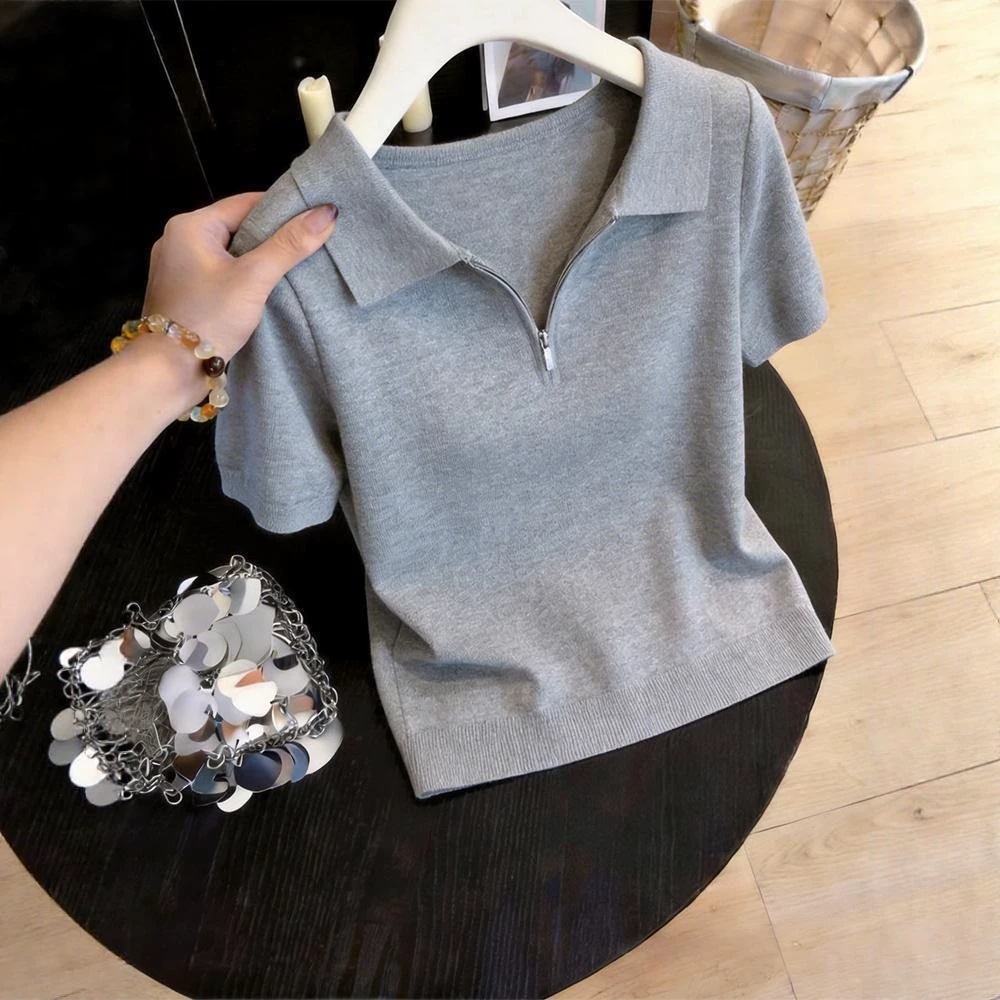 Áo thun polo nữ thiết kế dây kéo phong cách trẻ trung — trắng chi tiết 4