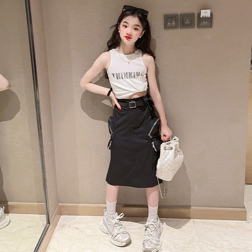Girls' Summer Workwear Dress Set 2024 New Stylish Big Kids' Fashion Tank Top Summer Outfit Children's Two-Piece Set Trendy