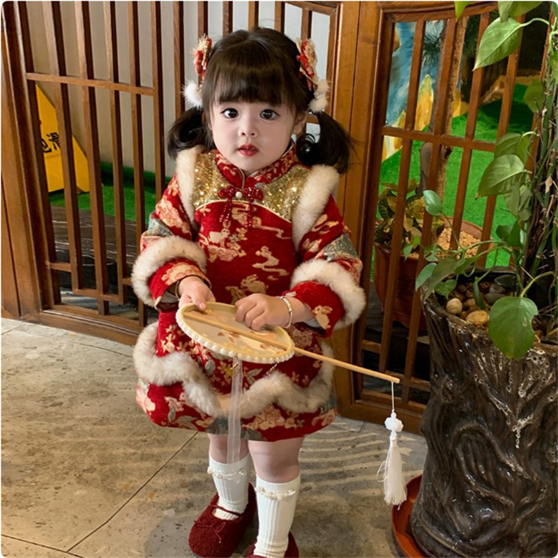 Ropa de Año Nuevo de niñas 2024 nueva ropa de invierno Tang vestido de aniversario de niños y niñas bebés de Año Nuevo Cheongsam falda de ropa Han