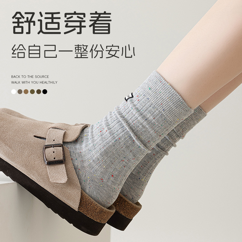 秋冬款襪子女寬條點子紗中筒襪美拉德色系吸汗透氣休閒運動長襪