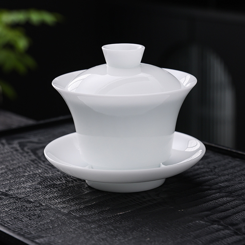 冰种璞玉瓷悬停盖碗茶杯白瓷三才茶碗套装家用茶具大号不烫手单个|undefined