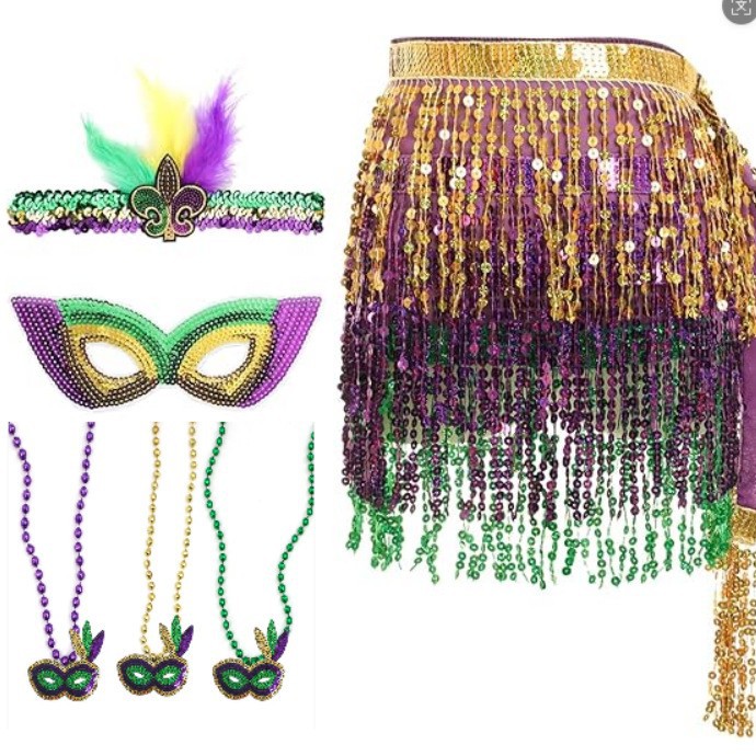 Tatuajes temporales de Mardi Gras, máscaras de carnaval, collares, fiesta de carnaval, capa de carnaval para adultos