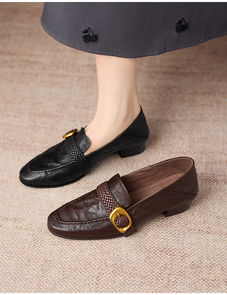 Giày lười nữ mũi vuông da cừu gót thô phong cách vintage khóa dệt — màu nâu chi tiết 10