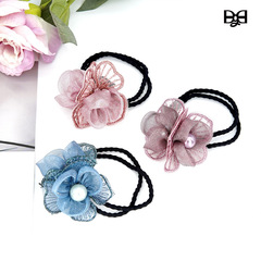 Handmade Double Flower Headband Black Rubber Band Elegant Hair Tie Chiffon Hair Accessory Horsehair Hairpin Korean Hair Accessory Crystal Hair Clip
