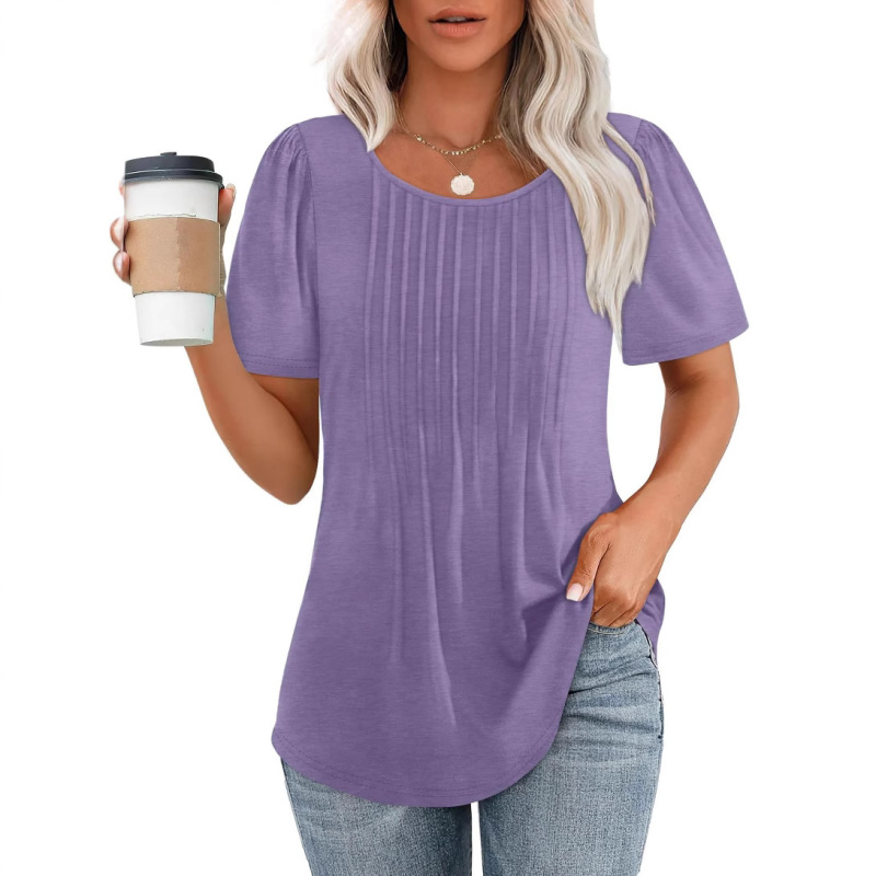 2025 アマゾン貿易ルーズヨーロッパとアメリカの新しいスタイルのプリーツラウンドネック半袖 Tシャツレディーストップストリップ無地婦人服|undefined