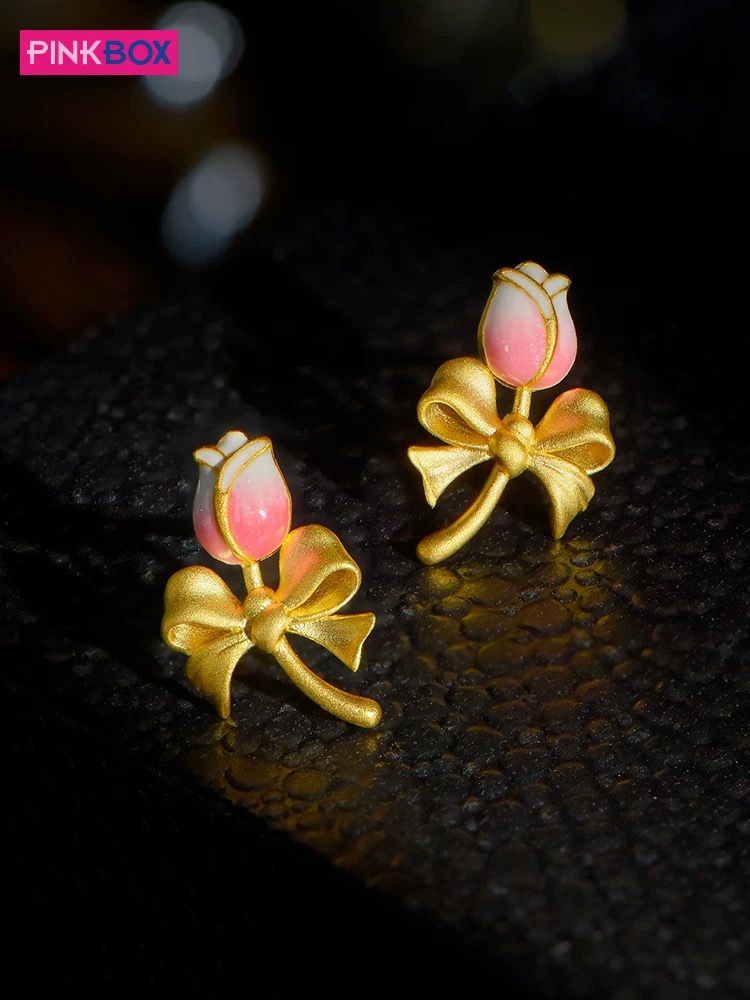 Orecchini a tulipano in smalto color oro sabbia, orecchini a fiocco con fiori sfumati, temperamento alla moda, regalo di San Valentino per la fidanzata_voghion.com