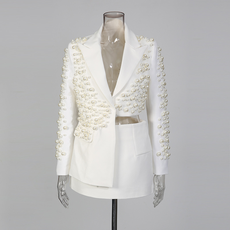Spring Deep V Neck Beaded Irregular Skirt Suit Set For Women Heavy Women's Clothing_voghion.com