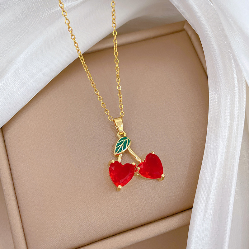 Elegant Red Cherry Necklace In Titanium Steel With Full Diamonds_voghion.com