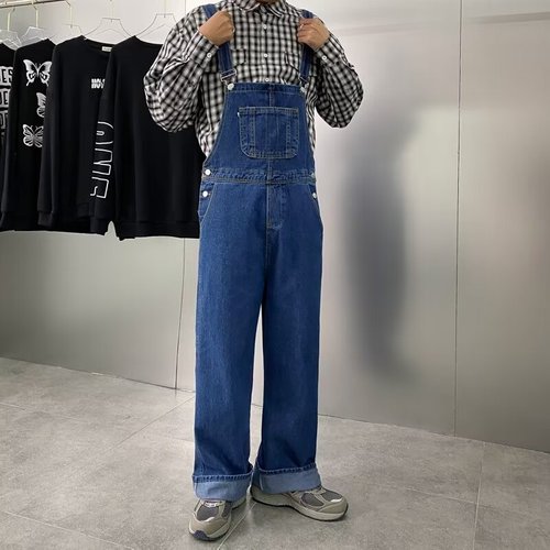 Men's Spring and Autumn Fashion Workwear Belted Denim Straight Loose Hem Pockets Trendy Loose One-Piece Pants