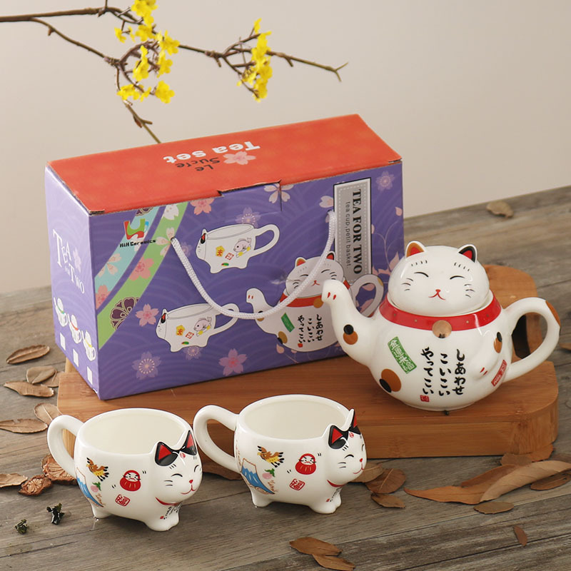 Japanese-style ceramic cute cartoon Maneki-neko flower tea creative tea set with one teapot and two teacups, ideal for women's opening ceremony gifts