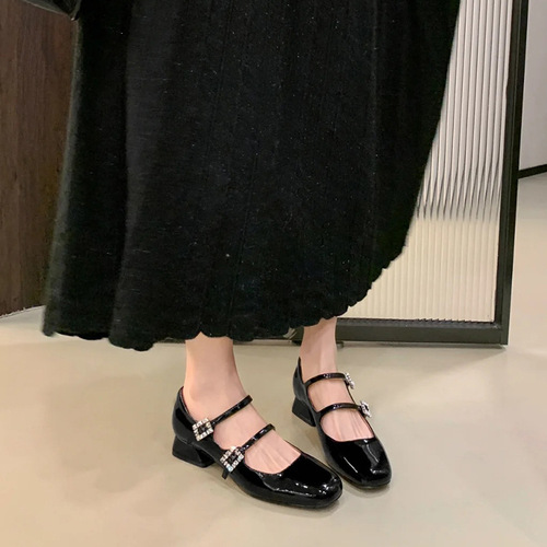 Sheepskin version~Square head genuine leather water drill one-piece shallow mouth single shoe for women with thick sole French retro Mary Jane shoes for women