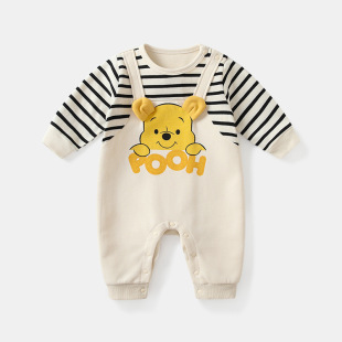 Disney Genuine Authorized Baby Jumpsuit Autumn Style Winnie the Pooh Stripesd Suspenders Fake Two-Piece Baby Clothes
