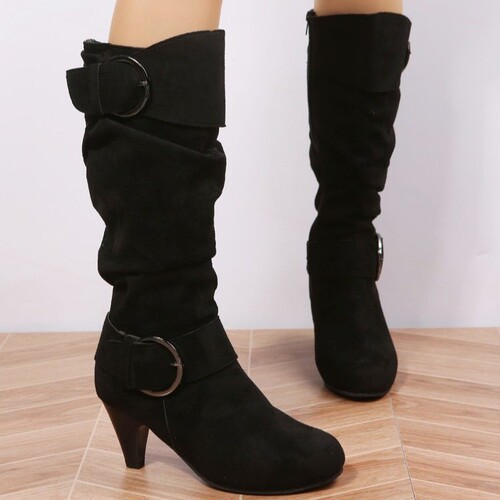 Leather Belt Buckle Fashion Boots Winter Women Tall Cylinder Plus Size High Heel Knight Boots