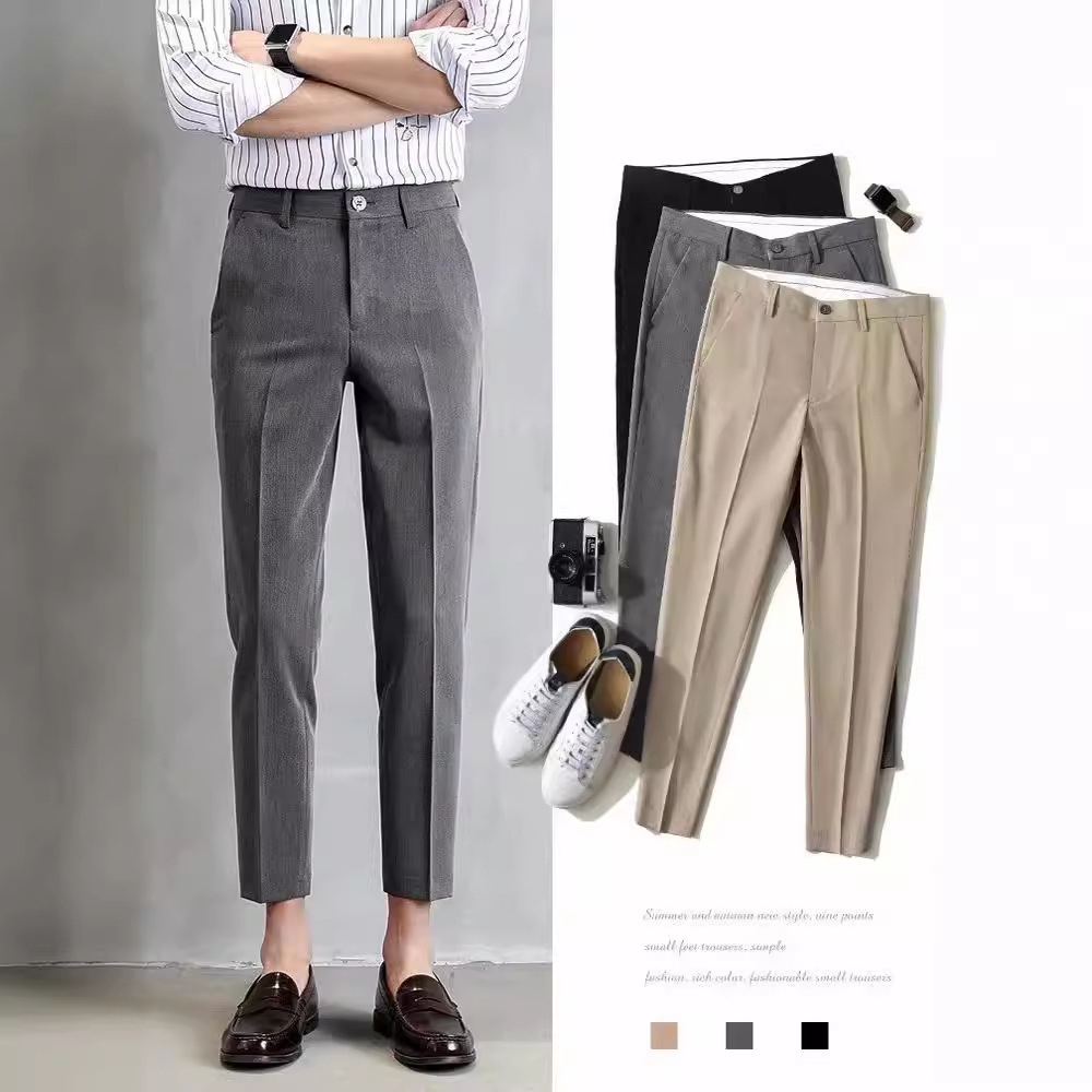Pie pequeño casual de moda coreana para hombres recto pantalones de nueve puntos recto pantalones delgados transfronterizos pantalones de plegado negro
