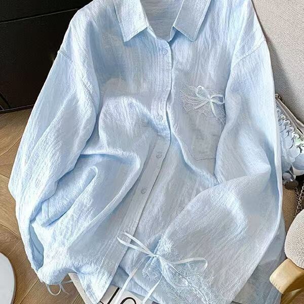 Lace Splicing Design~Blue Sun-Protective Shirt for Women, Summer Thin Ice Silk Loose Shirt Jacket