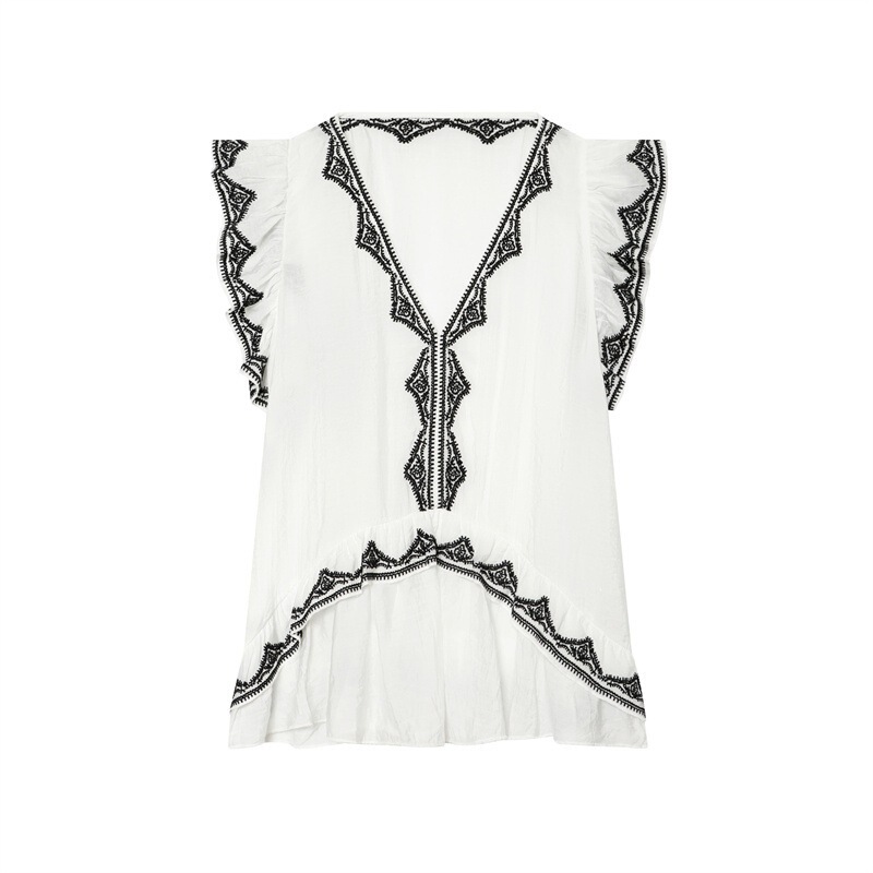 26 New Summer Style European and American Style Fashionable V-Neck Color-Blocked Lace Embroidered Flying Sleeve Short-Sleeved Top with Asymmetrical Hem 26 New Summer Style European and American Style Fashionable V-Neck Color-Blocked Lace Embroidered Flying Sleeve Short-Sleeved Top with Asymmetrical Hem