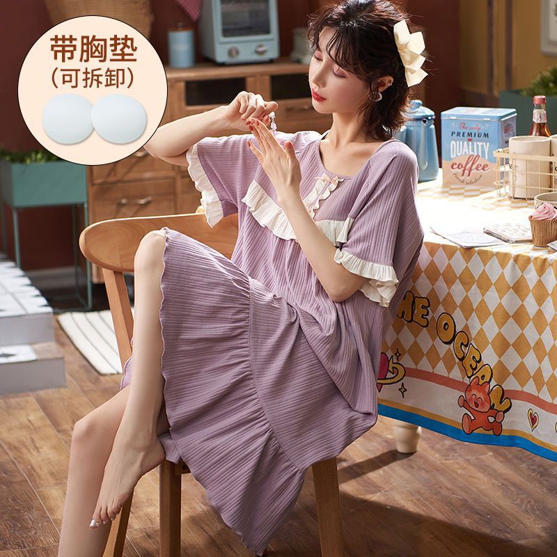 독립형 가슴 패드 나이트 드레스 여성 여름 코튼 반팔 파자마 학생 한국어 버전 귀여운 대형 사이즈 브래지어 프리 드레스