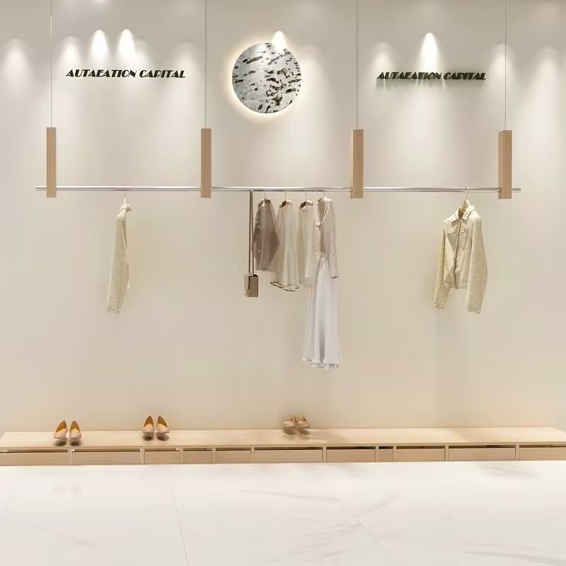 원목 색상 행거 + 스테인리스 스틸 헤어라인 봉 - 길이 350CM