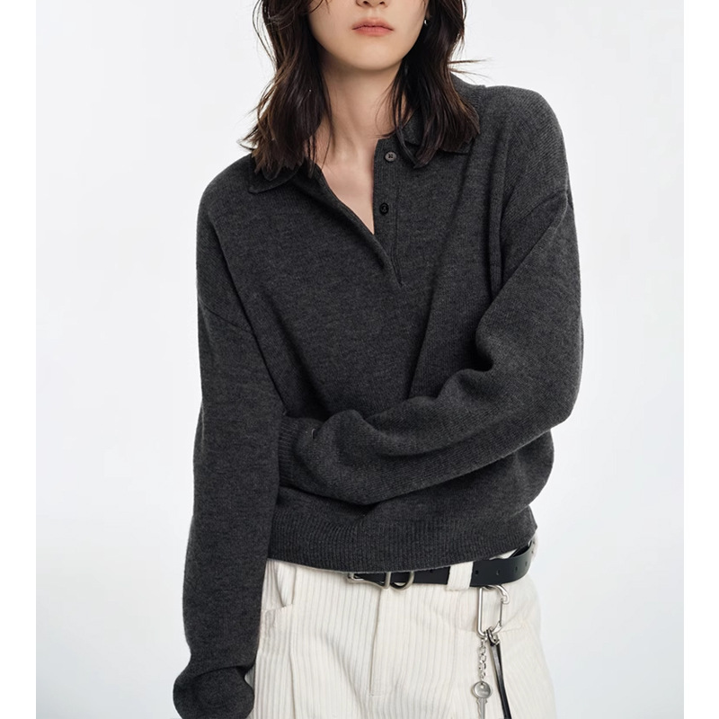 Wool M * iu Stacked Wear Retro Joker Polo Lapel high quality Knitted Sweater K1113