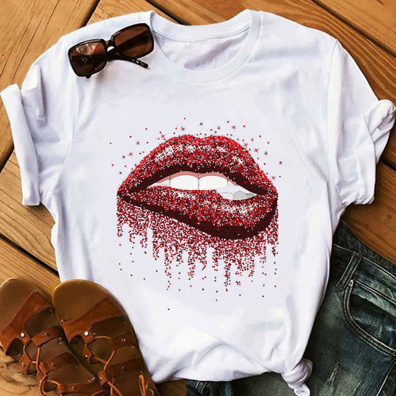 Red lip printing short-sleeved T-shirt NSATE60991