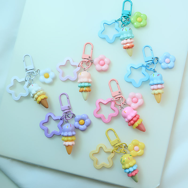 Creative Resin Sweet Ice Cream Keychain Hanging Cartoon Small Flower Five-pointed Star DIY Mobile Phone Accessories Hanging Ornaments for Women