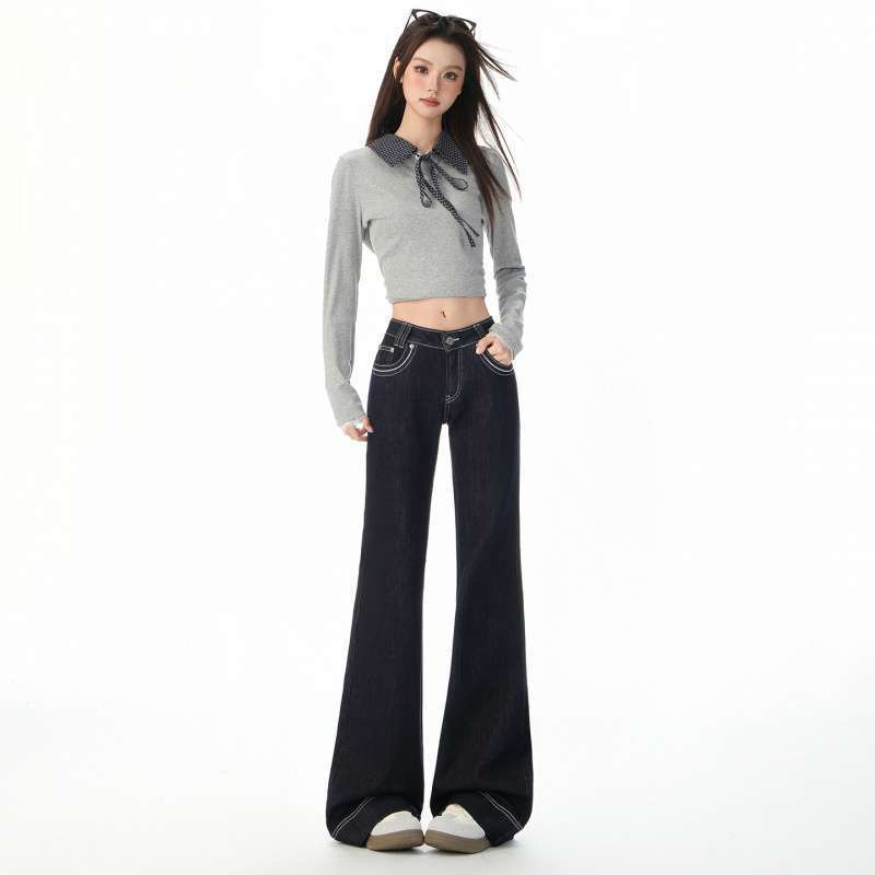 In-Stock Wholesale Low-Waist Raw Denim Blue Flared Jeans for Women, Spring American Style, Slim Fit, Flattering Bell-Bottoms