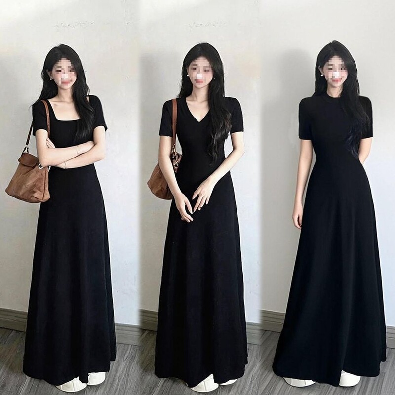 Spring and Summer Hot Girl Dress with Stylish Sleeves, Round Neck, Short Sleeves, Slim Fit, and Black Korean-Style Sheer Fabric Spring and Summer Hot Girl Dress with Stylish Sleeves, Round Neck, Short Sleeves, Slim Fit, and Black Korean-Style Sheer Fabric