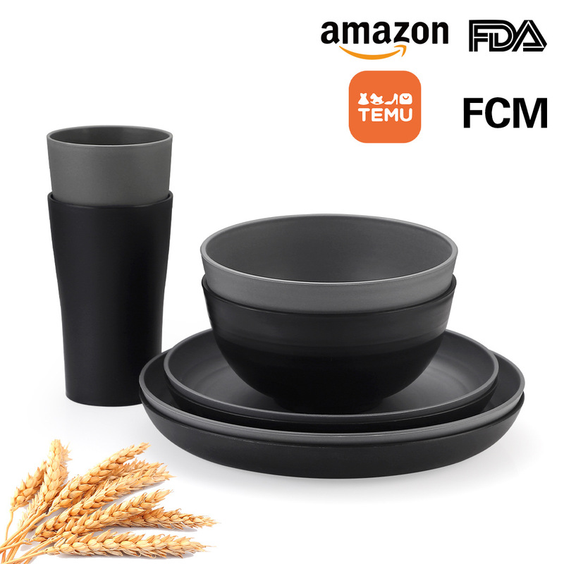 Cross-Border Amazon Best-Selling Black Plastic Water Cup and Tableware Set, Portable for Outdoor Travel